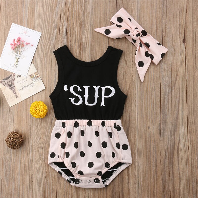 Newborn Baby Girl Polka Dot Vest Romper Jumpsuit+Headband Outfits Sunsuit Clothes - ebowsos