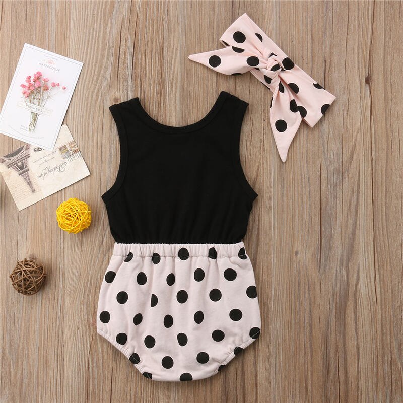 Newborn Baby Girl Polka Dot Vest Romper Jumpsuit+Headband Outfits Sunsuit Clothes - ebowsos