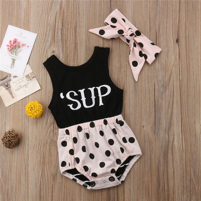 Newborn Baby Girl Polka Dot Vest Romper Jumpsuit+Headband Outfits Sunsuit Clothes - ebowsos