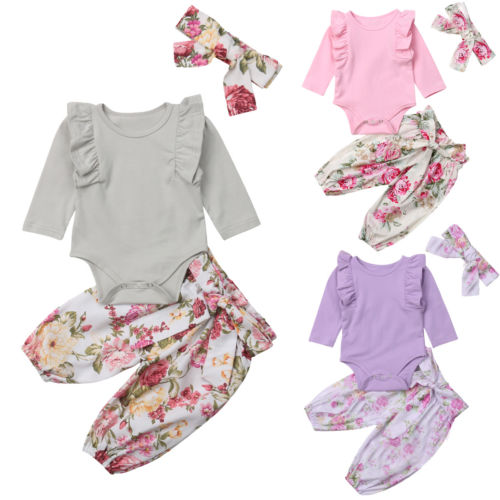 Newborn Baby Girl Romper Flower Tops Romper Jumpsuit Pants Headband Outfit 3Pcs Clothes - ebowsos