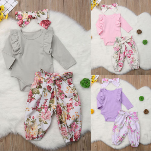 Newborn Baby Girl Romper Flower Tops Romper Jumpsuit Pants Headband Outfit 3Pcs Clothes - ebowsos