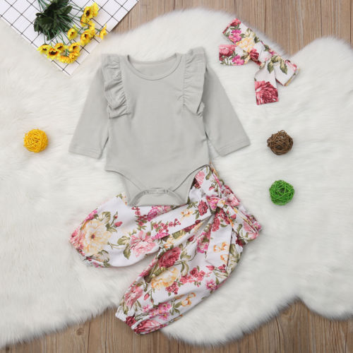 Newborn Baby Girl Romper Flower Tops Romper Jumpsuit Pants Headband Outfit 3Pcs Clothes - ebowsos