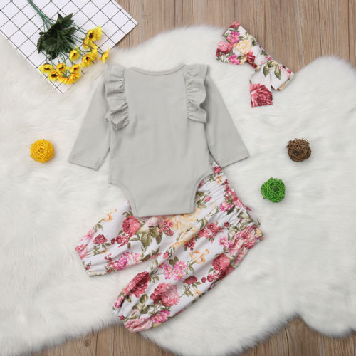 Newborn Baby Girl Romper Flower Tops Romper Jumpsuit Pants Headband Outfit 3Pcs Clothes - ebowsos