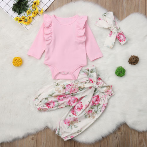 Newborn Baby Girl Romper Flower Tops Romper Jumpsuit Pants Headband Outfit 3Pcs Clothes - ebowsos