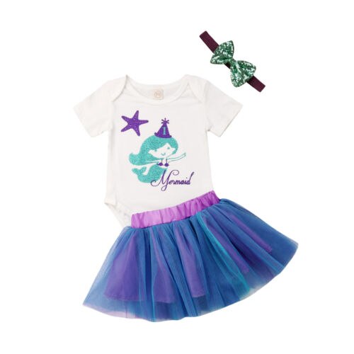 Newborn Baby Girl Romper Top Jumpsuit Tutu Skirts Mermaid Outfit Clothes Set Size 0-24M - ebowsos