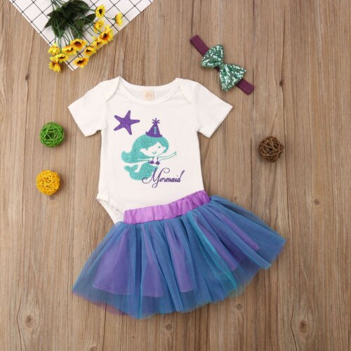 Newborn Baby Girl Romper Top Jumpsuit Tutu Skirts Mermaid Outfit Clothes Set Size 0-24M - ebowsos