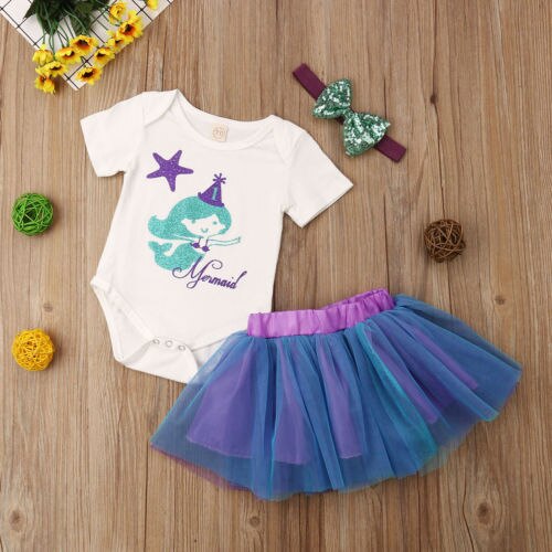 Newborn Baby Girl Romper Top Jumpsuit Tutu Skirts Mermaid Outfit Clothes Set Size 0-24M - ebowsos