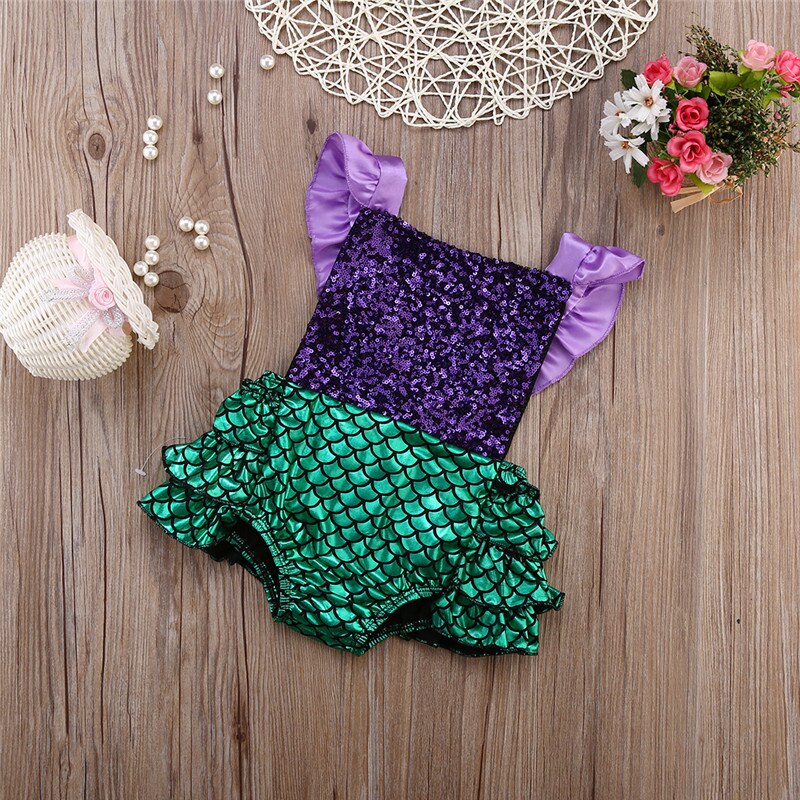 Newborn Baby Girl Sequins Romper Jumpsuit Outfits Sunsuit Mermaid Swimwear Swimming - ebowsos