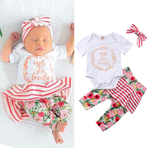 Newborn Baby Girl Short Sleeve Romper Tops Floral Stripe Tutu Pants Skirt Headband Outfit Clothing - ebowsos