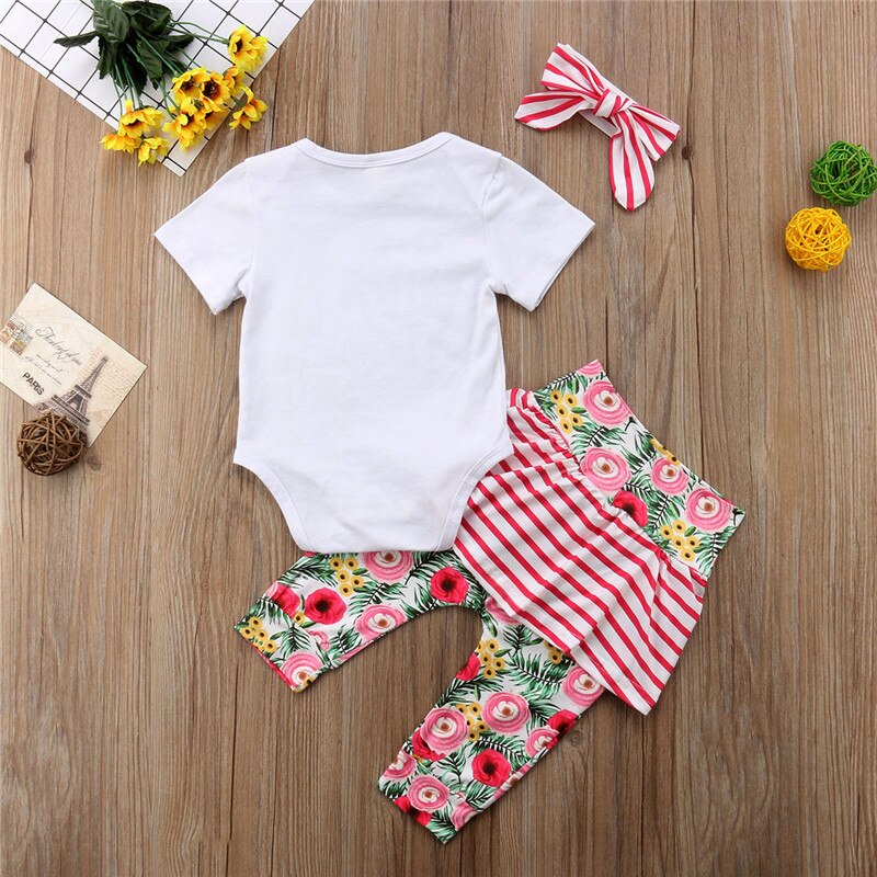 Newborn Baby Girl Short Sleeve Romper Tops Floral Stripe Tutu Pants Skirt Headband Outfit Clothing - ebowsos