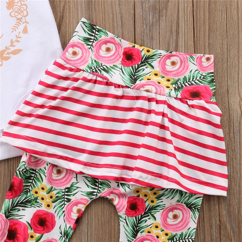 Newborn Baby Girl Short Sleeve Romper Tops Floral Stripe Tutu Pants Skirt Headband Outfit Clothing - ebowsos