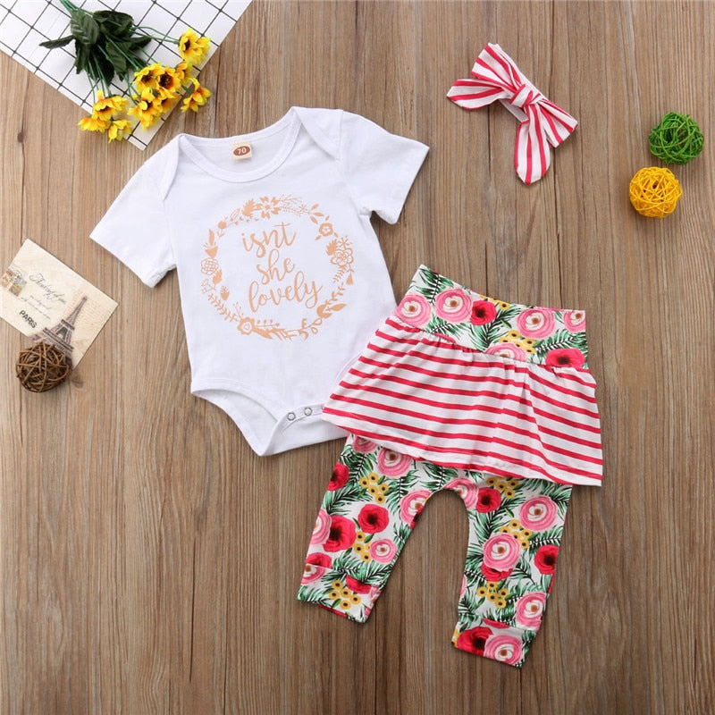 Newborn Baby Girl Short Sleeve Romper Tops Floral Stripe Tutu Pants Skirt Headband Outfit Clothing - ebowsos