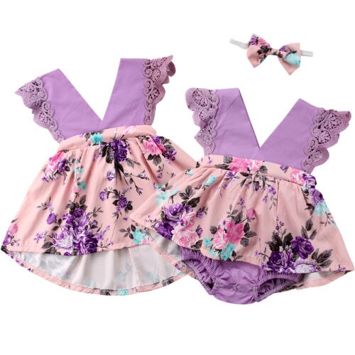 Newborn Baby Girl Sister Matching Outfits Floral Clothes Floral Sleeveless Lace Jumpsuit Romper Dresses - ebowsos