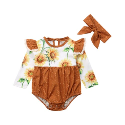 Newborn Baby Girl Sunflower Fly Sleeve Long Sleeve Romper Jumpsuit Headband Outfits Clothes - ebowsos