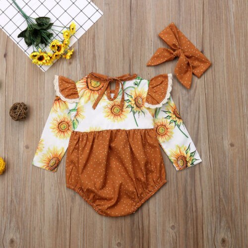 Newborn Baby Girl Sunflower Fly Sleeve Long Sleeve Romper Jumpsuit Headband Outfits Clothes - ebowsos