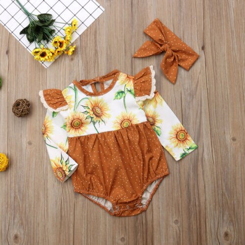 Newborn Baby Girl Sunflower Fly Sleeve Long Sleeve Romper Jumpsuit Headband Outfits Clothes - ebowsos