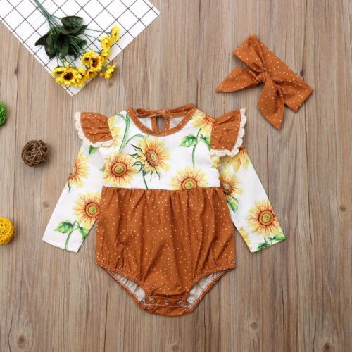 Newborn Baby Girl Sunflower Fly Sleeve Long Sleeve Romper Jumpsuit Headband Outfits Clothes - ebowsos