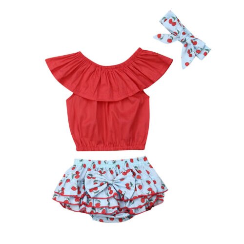 Newborn Baby Girl T-Shirt Ruffle Tops Cherry Skirt Bow Skirt Shorts Headband Sunsuit Outfits 3Pcs - ebowsos