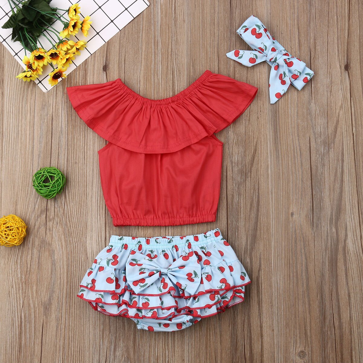 Newborn Baby Girl T-Shirt Ruffle Tops Cherry Skirt Bow Skirt Shorts Headband Sunsuit Outfits 3Pcs - ebowsos