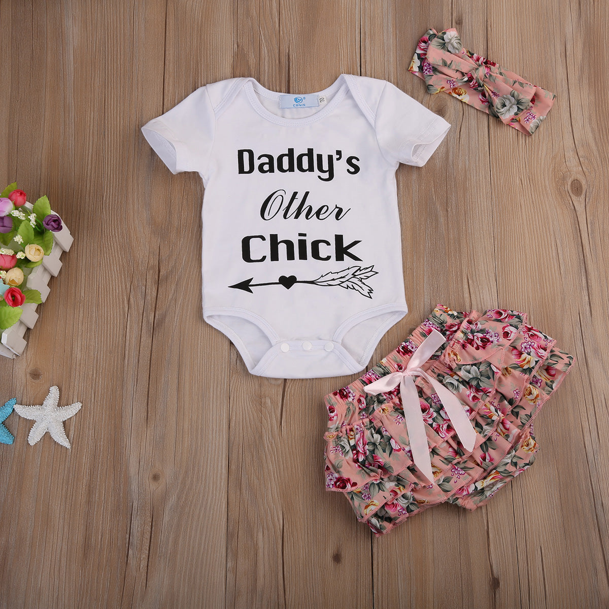 Newborn Baby Girl Tops Daddy's Other Chick Romper Shorts 3pcs Outfit Clothes Set - ebowsos