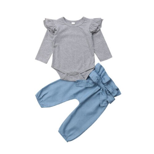 Newborn Baby Girl Tops Romper Bowknot Denim Pants 3Pcs Autumn Outfits Clothes - ebowsos