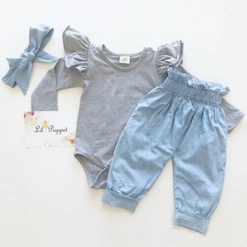 Newborn Baby Girl Tops Romper Bowknot Denim Pants 3Pcs Autumn Outfits Clothes - ebowsos