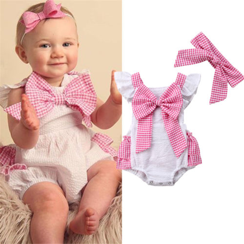 Newborn Baby Girls Bow Backless Sleeveless Romper Cute Cotton Jumpsuit+Headband 2Pcs Outfits Playsuit - ebowsos