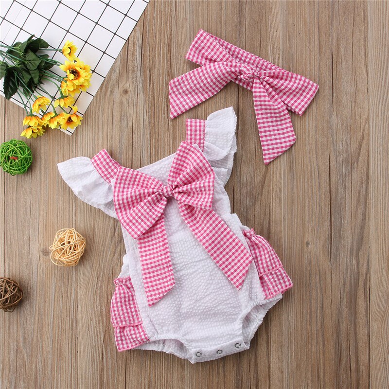 Newborn Baby Girls Bow Backless Sleeveless Romper Cute Cotton Jumpsuit+Headband 2Pcs Outfits Playsuit - ebowsos