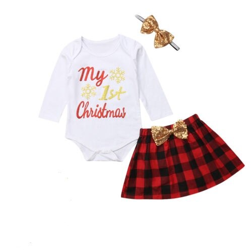 Newborn Baby Girls Christmas Clothes Suit 3PCS Cotton Long Sleeve Romper+Mini Skirts Bow Headband Cute Baby Clothing - ebowsos