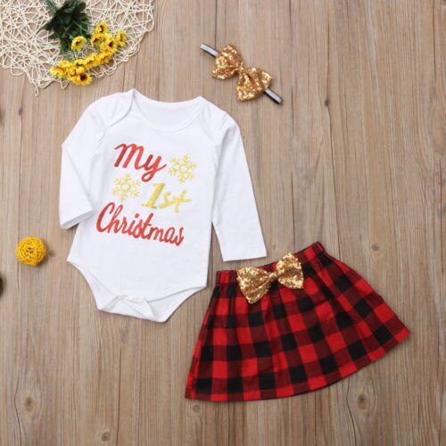 Newborn Baby Girls Christmas Clothes Suit 3PCS Cotton Long Sleeve Romper+Mini Skirts Bow Headband Cute Baby Clothing - ebowsos