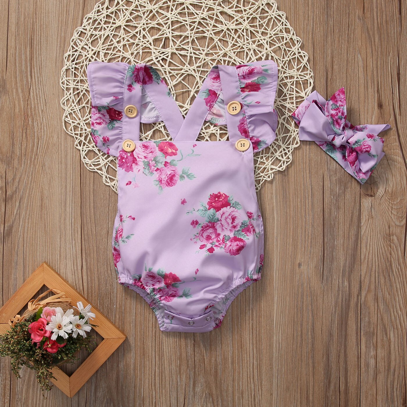 Newborn Baby Girls Clothes Flower Jumpsuit  Bodysuit + Headband Outfits UK - ebowsos