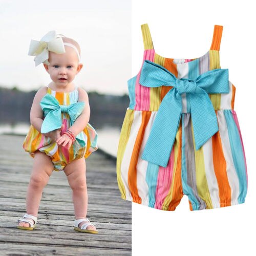 Newborn Baby Girls Clothing Striped Bow Rompers Sleeveless Jumpsuit Baby Girl Costume - ebowsos