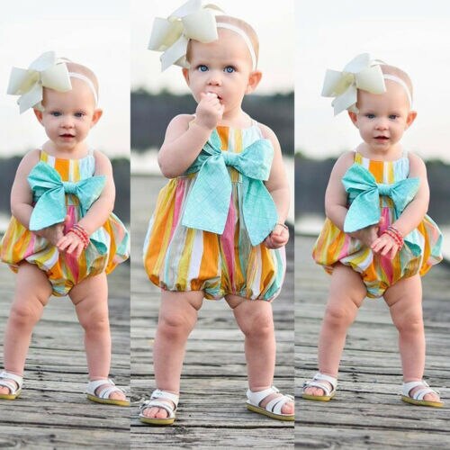 Newborn Baby Girls Clothing Striped Bow Rompers Sleeveless Jumpsuit Baby Girl Costume - ebowsos