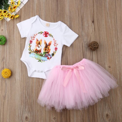 Newborn Baby Girls Easter Bunny Tops Romper+Tutu Mini Skirt Dress Outfits Clothes 2Pcs Set - ebowsos