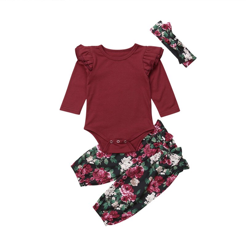 Newborn Baby Girls Floral Clothes Romper Bodysuit Leggings Headband Outfits Sets - ebowsos