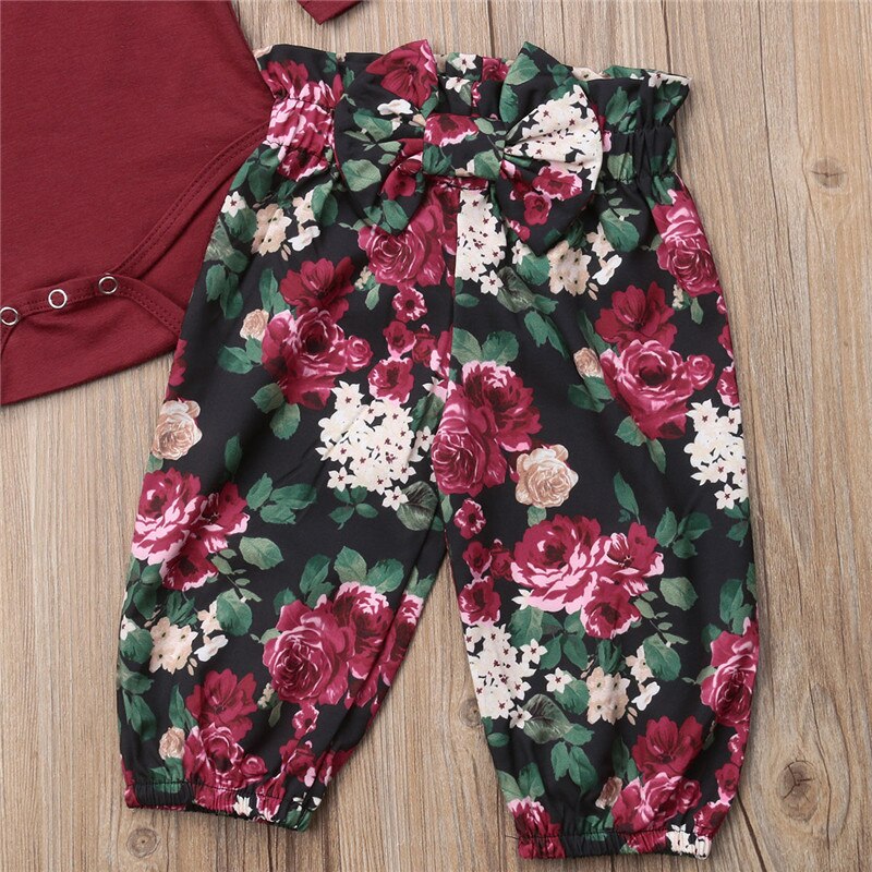 Newborn Baby Girls Floral Clothes Romper Bodysuit Leggings Headband Outfits Sets - ebowsos