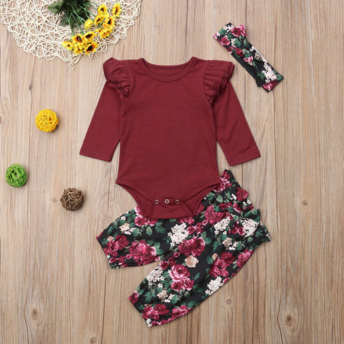 Newborn Baby Girls Floral Clothes Romper Bodysuit Leggings Headband Outfits Sets - ebowsos