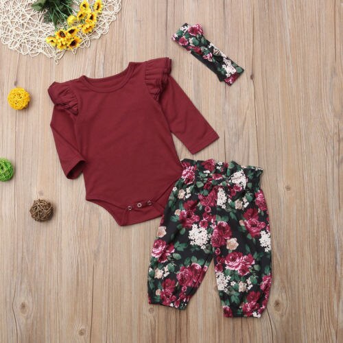 Newborn Baby Girls Floral Clothes Romper Bodysuit Leggings Headband Outfits Sets - ebowsos