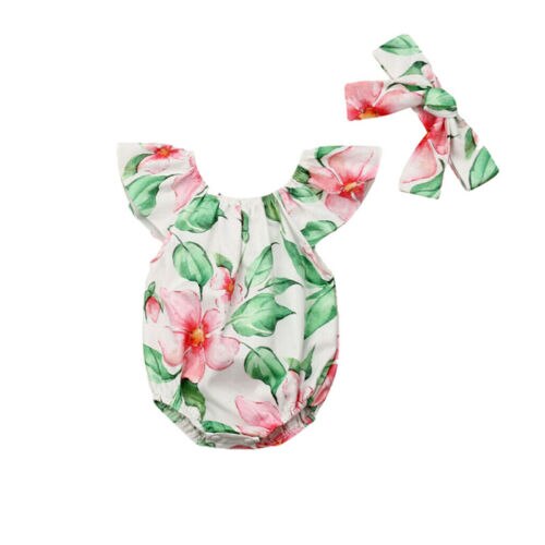 Newborn Baby Girls Floral Fly Sleeve O-Neck Causal Floral Romper Jumpsuit+Headband Outfits Clothes - ebowsos