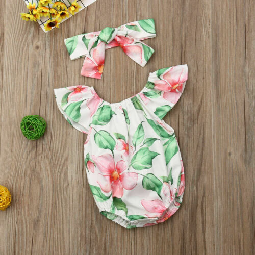 Newborn Baby Girls Floral Fly Sleeve O-Neck Causal Floral Romper Jumpsuit+Headband Outfits Clothes - ebowsos