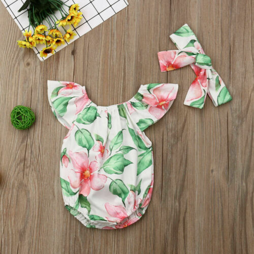 Newborn Baby Girls Floral Fly Sleeve O-Neck Causal Floral Romper Jumpsuit+Headband Outfits Clothes - ebowsos