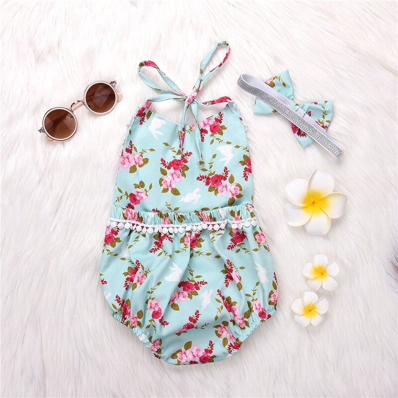 Newborn Baby Girls Floral Lace Halter Romper Jumpsuit Headband Outfits Clothes Set Baby Clothing - ebowsos