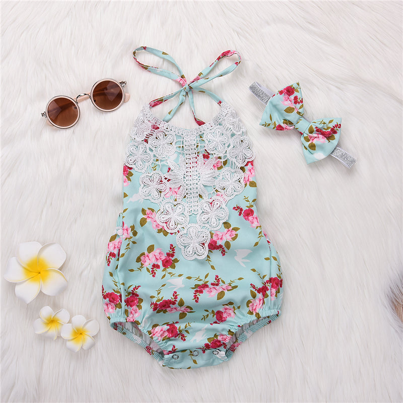 Newborn Baby Girls Floral Lace Halter Romper Jumpsuit Headband Outfits Clothes Set Baby Clothing - ebowsos