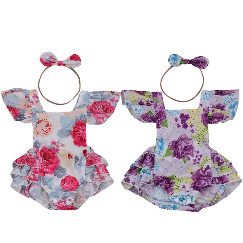 Newborn Baby Girls Floral Ruffle Sunsuit Clothes Bodysuit Jumpsuit Outfit - ebowsos