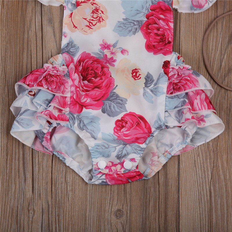 Newborn Baby Girls Floral Ruffle Sunsuit Clothes Bodysuit Jumpsuit Outfit - ebowsos