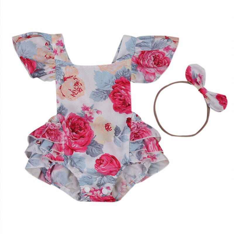 Newborn Baby Girls Floral Ruffle Sunsuit Clothes Bodysuit Jumpsuit Outfit - ebowsos