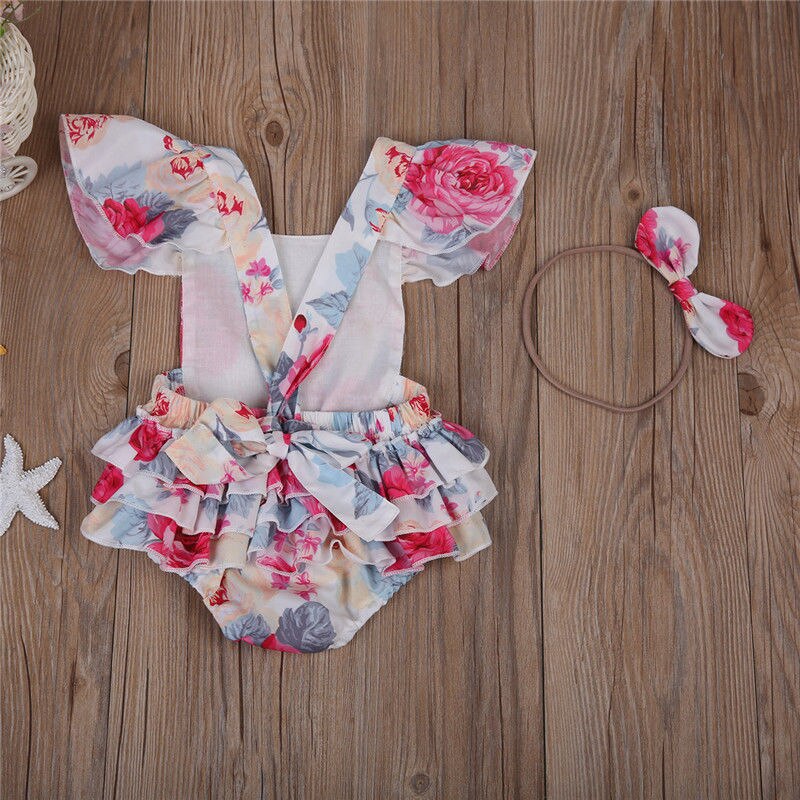 Newborn Baby Girls Floral Ruffle Sunsuit Clothes Bodysuit Jumpsuit Outfit - ebowsos