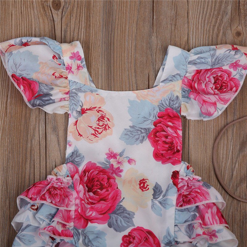 Newborn Baby Girls Floral Ruffle Sunsuit Clothes Bodysuit Jumpsuit Outfit - ebowsos