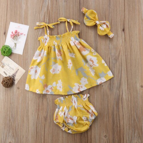 Newborn Baby Girls Floral Sling Off Shoulder T-shirt+PP Shorts Pants+Bow Headband 3Pcs Clothes - ebowsos