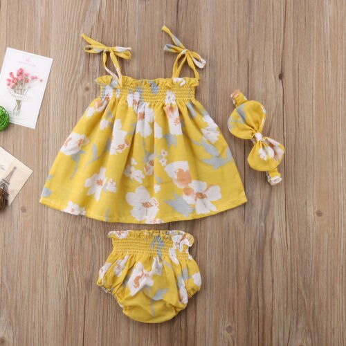 Newborn Baby Girls Floral Sling Off Shoulder T-shirt+PP Shorts Pants+Bow Headband 3Pcs Clothes - ebowsos